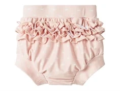 Rosa babybadebuks med print af små hvide svaner og flæser bagpå fra Lil Atelier 132133575 peach whip